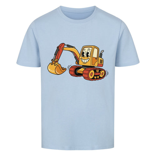 Bagger im cartoon stil motiv auf kinder t-shirt aus bio baumwolle blaues Shirt