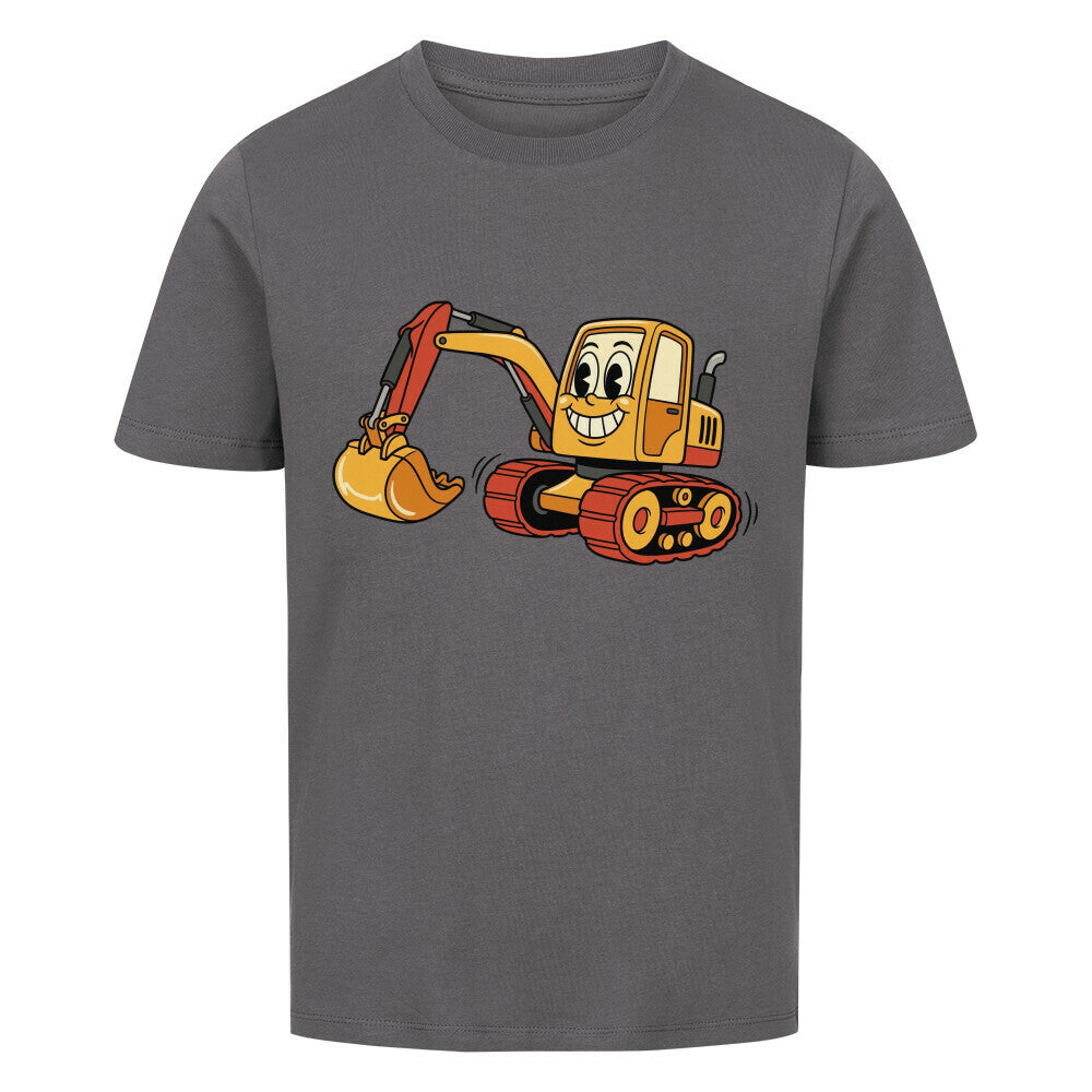 Bagger im cartoon stil motiv auf kinder t-shirt aus bio baumwolle graues shirt