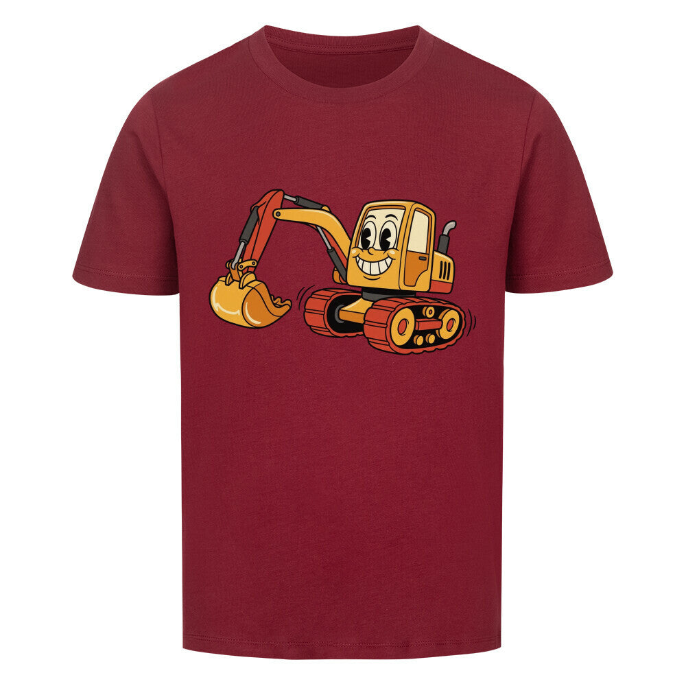 Bagger im cartoon stil motiv auf kinder t-shirt aus bio baumwolle rotes shirt