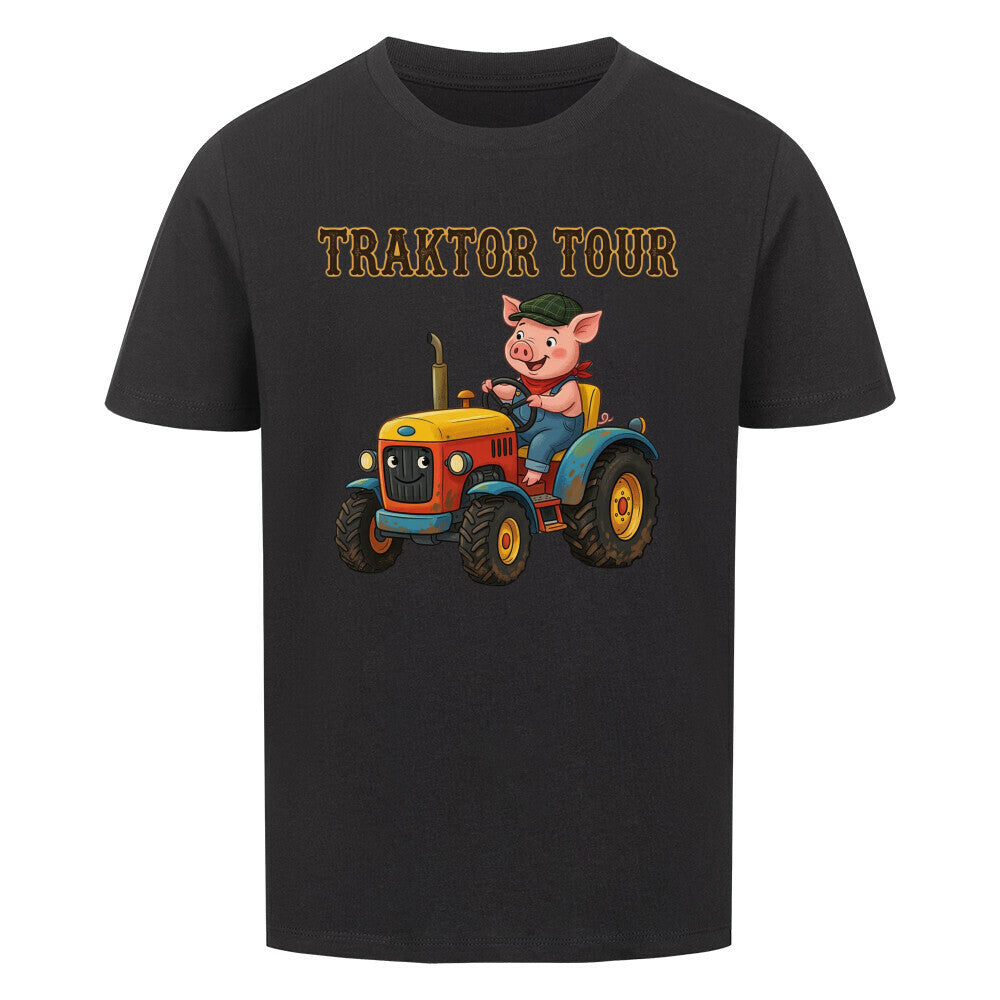 traktor mit bauernhof schwein motiv auf kinder shirt, bio baumwolle, shirt farbe schwarz