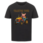 traktor mit bauernhof schwein motiv auf kinder shirt, bio baumwolle, shirt farbe schwarz