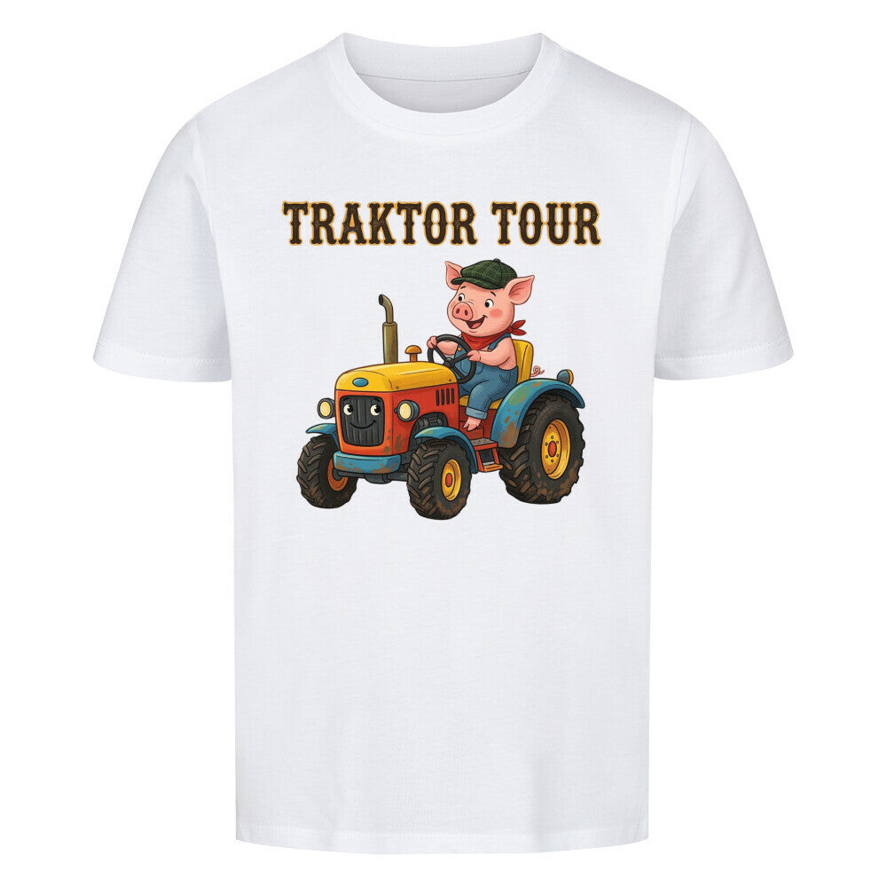 traktor mit bauernhof schwein motiv auf kinder shirt, bio baumwolle, shirt farbe weiß