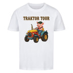 traktor mit bauernhof schwein motiv auf kinder shirt, bio baumwolle, shirt farbe weiß