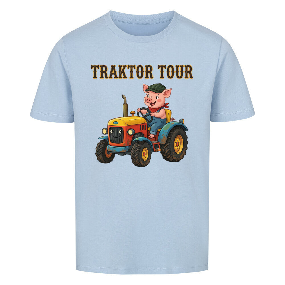traktor mit bauernhof schwein motiv auf kinder shirt, bio baumwolle, shirt farbe hell blau