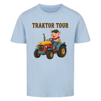 traktor mit bauernhof schwein motiv auf kinder shirt, bio baumwolle, shirt farbe hell blau
