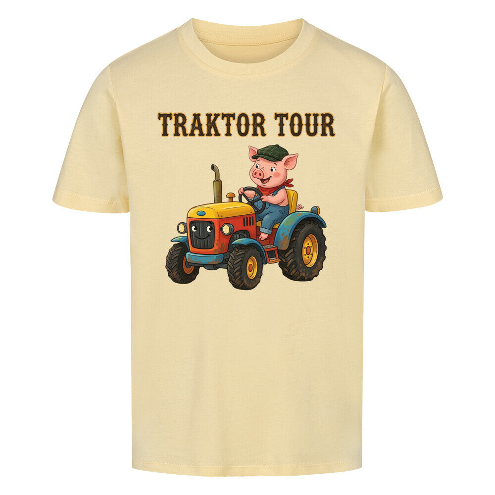 traktor mit bauernhof schwein motiv auf kinder shirt, bio baumwolle, shirt farbe beige