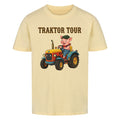 traktor mit bauernhof schwein motiv auf kinder shirt, bio baumwolle, shirt farbe beige