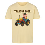 traktor mit bauernhof schwein motiv auf kinder shirt, bio baumwolle, shirt farbe beige