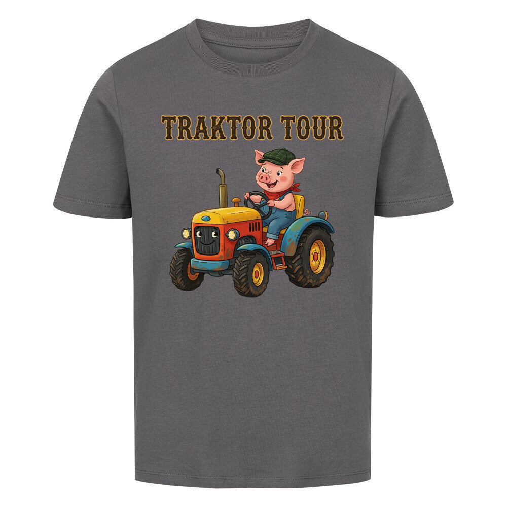 traktor mit bauernhof schwein motiv auf kinder shirt, bio baumwolle, shirt farbe grau