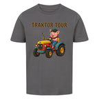 traktor mit bauernhof schwein motiv auf kinder shirt, bio baumwolle, shirt farbe grau