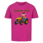 traktor mit bauernhof schwein motiv auf kinder shirt, bio baumwolle, shirt farbe lila