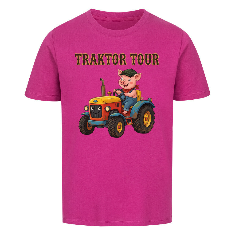 traktor mit bauernhof schwein motiv auf kinder shirt, bio baumwolle, shirt farbe lila