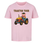 traktor mit bauernhof schwein motiv auf kinder shirt, bio baumwolle, shirt farbe pink