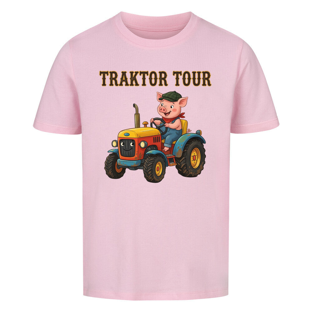 traktor mit bauernhof schwein motiv auf kinder shirt, bio baumwolle, shirt farbe pink