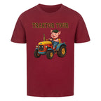 traktor mit bauernhof schwein motiv auf kinder shirt, bio baumwolle, shirt farbe rot