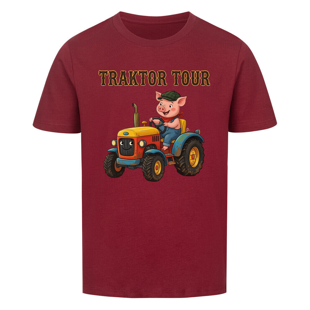 traktor mit bauernhof schwein motiv auf kinder shirt, bio baumwolle, shirt farbe rot