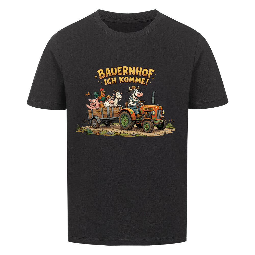 traktor mit bauernhof tiere motiv auf kinder bio baumwolle shirt, shirt farbe schwarz
