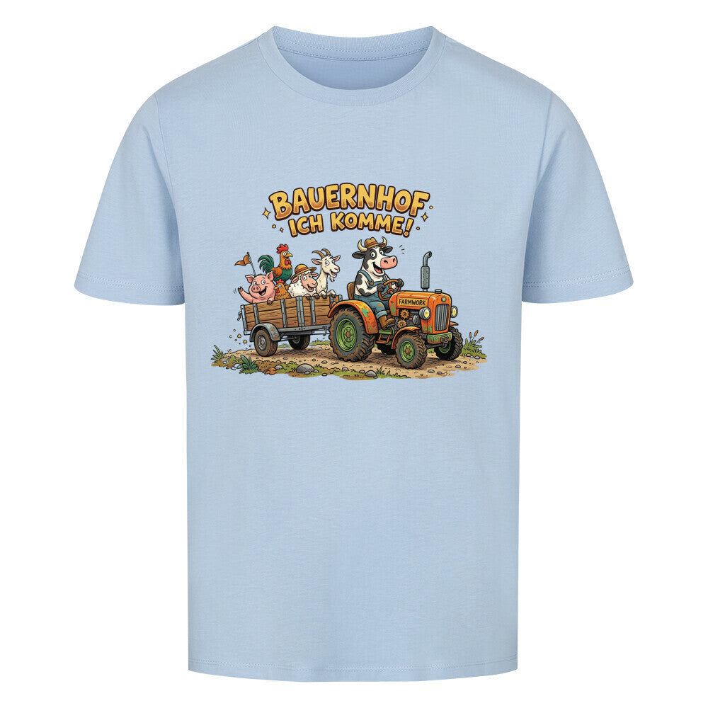 traktor mit bauernhof tiere motiv auf kinder bio baumwolle shirt, shirt farbe hell blau