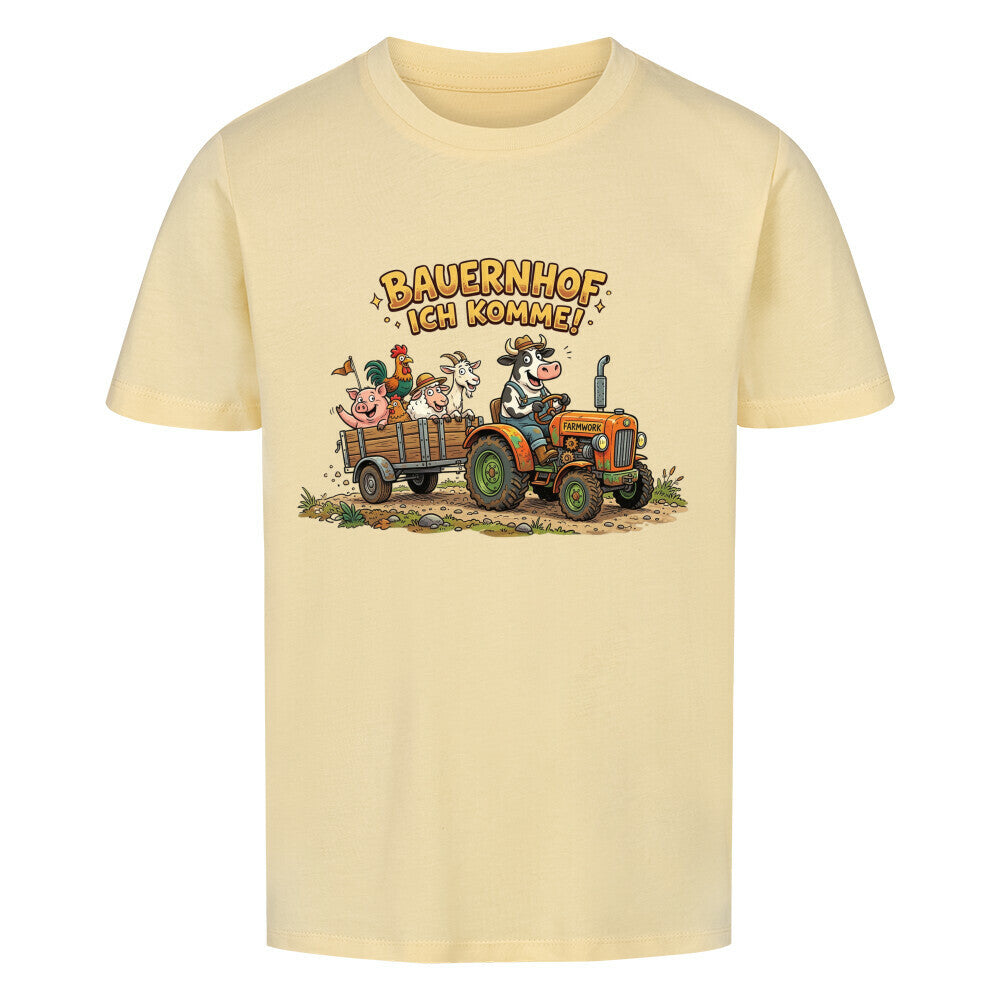 traktor mit bauernhof tiere motiv auf kinder bio baumwolle shirt, shirt farbe beige