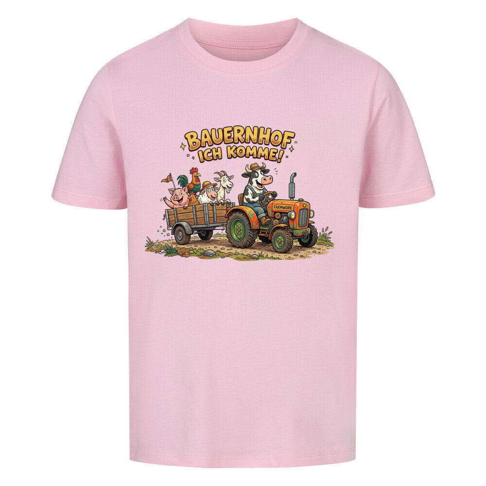 traktor mit bauernhof tiere motiv auf kinder bio baumwolle shirt, shirt farbe pink