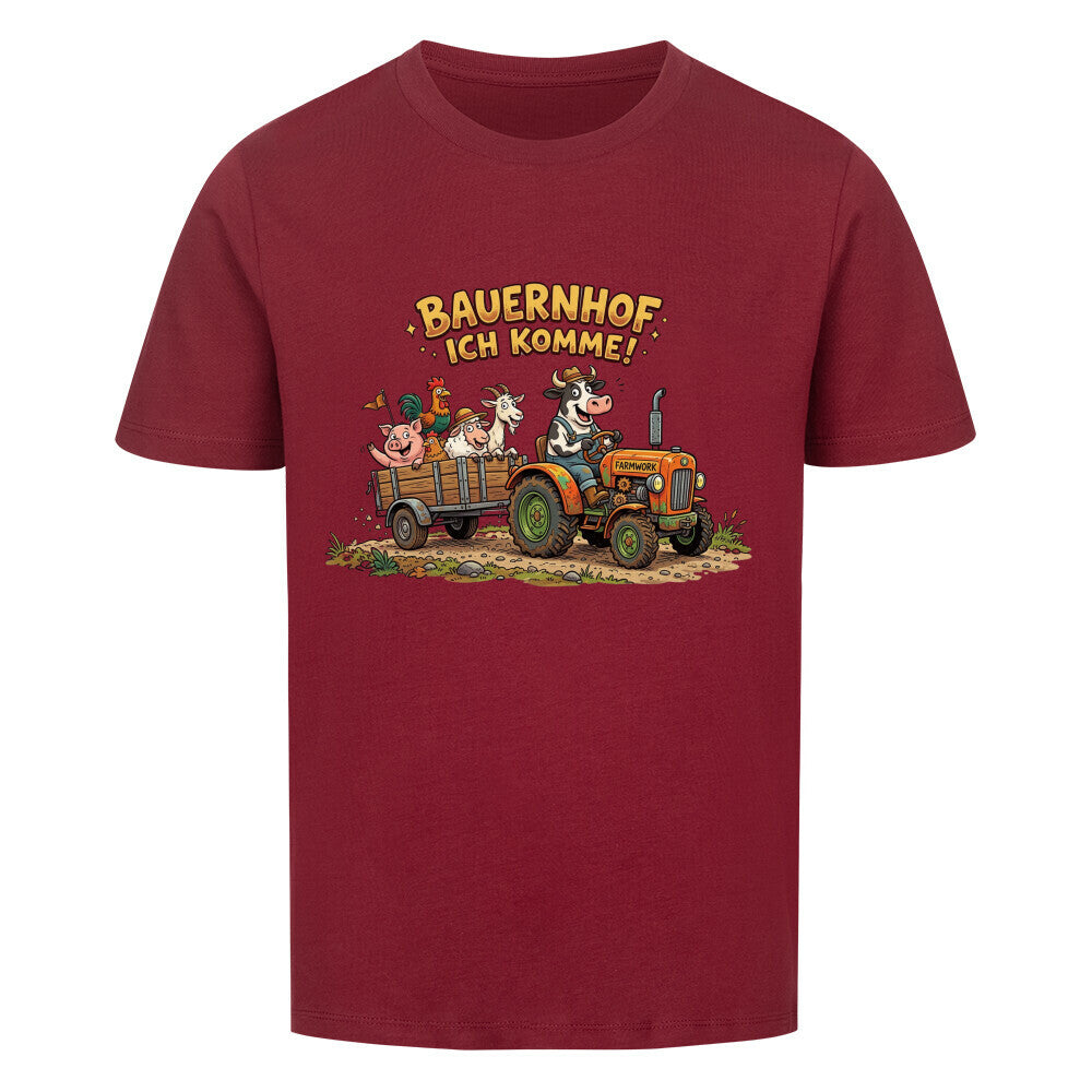 traktor mit bauernhof tiere motiv auf kinder bio baumwolle shirt, shirt farbe rot