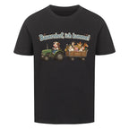 traktor mit bauernhof tiere, bauernhof ich komme motiv auf kinder bio baumwolle t-shirt, shirt farbe ist schwarz
