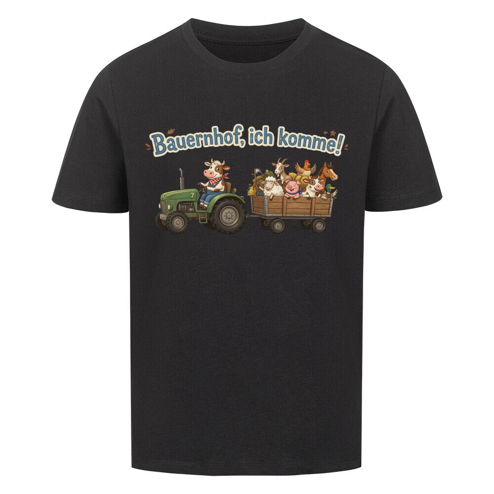 traktor mit bauernhof tiere, bauernhof ich komme motiv auf kinder bio baumwolle t-shirt, shirt farbe ist schwarz