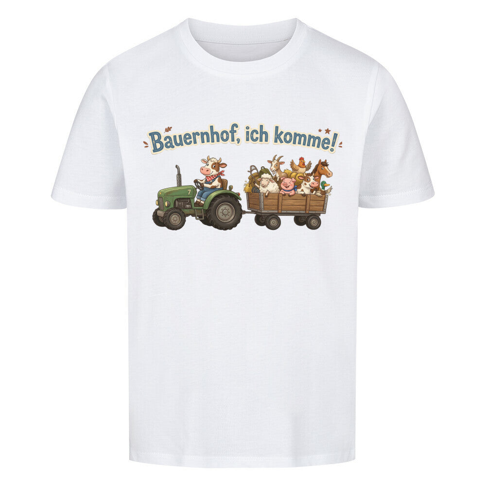 traktor mit bauernhof tiere, bauernhof ich komme motiv auf kinder bio baumwolle t-shirt, shirt farbe ist weiß