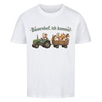 traktor mit bauernhof tiere, bauernhof ich komme motiv auf kinder bio baumwolle t-shirt, shirt farbe ist weiß
