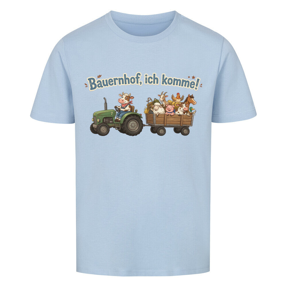 traktor mit bauernhof tiere, bauernhof ich komme motiv auf kinder bio baumwolle t-shirt, shirt farbe ist hell blau