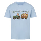 traktor mit bauernhof tiere, bauernhof ich komme motiv auf kinder bio baumwolle t-shirt, shirt farbe ist hell blau