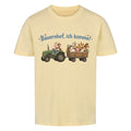 traktor mit bauernhof tiere, bauernhof ich komme motiv auf kinder bio baumwolle t-shirt, shirt farbe ist beige