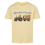 traktor mit bauernhof tiere, bauernhof ich komme motiv auf kinder bio baumwolle t-shirt, shirt farbe ist beige