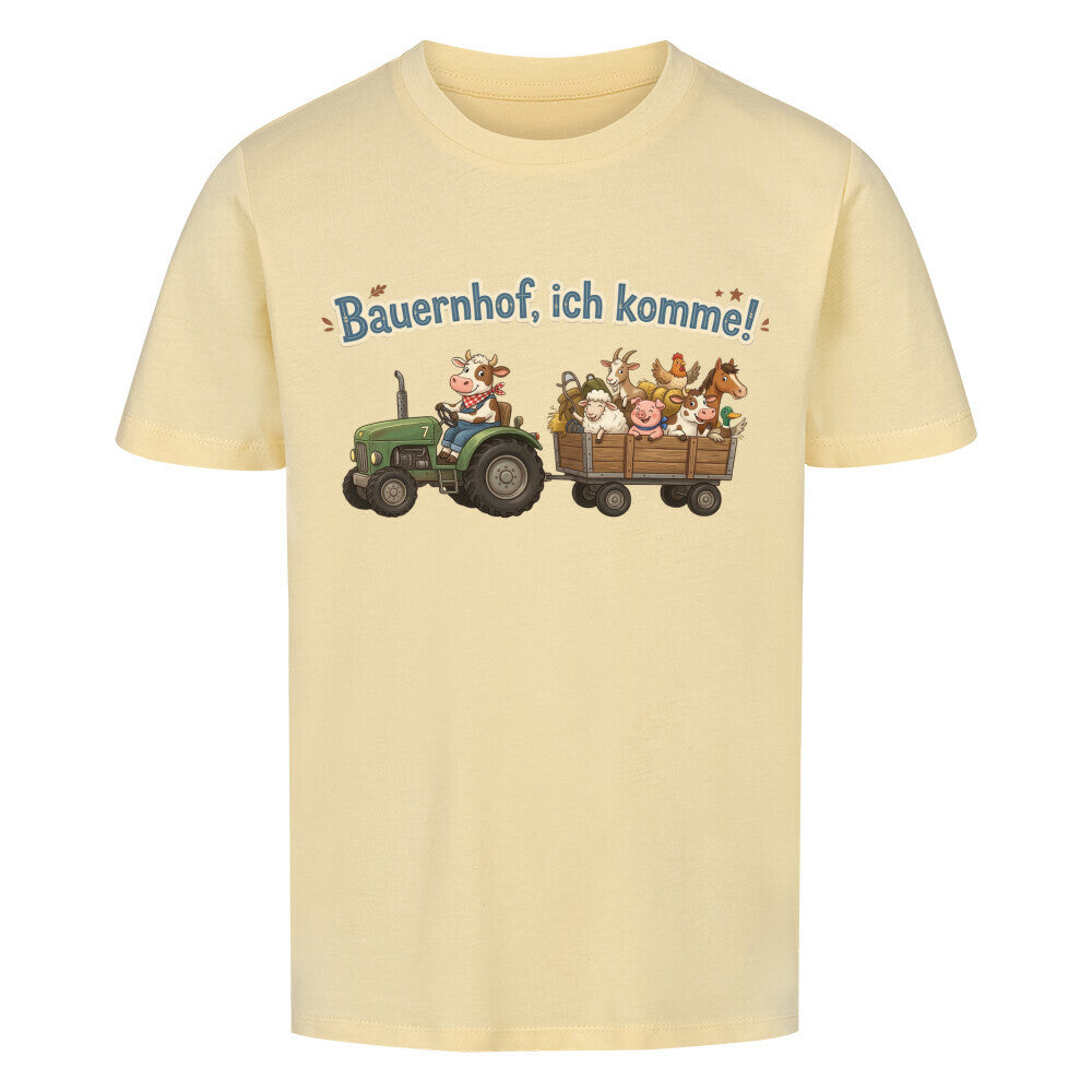 traktor mit bauernhof tiere, bauernhof ich komme motiv auf kinder bio baumwolle t-shirt, shirt farbe ist beige