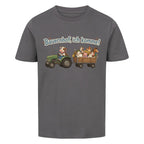 traktor mit bauernhof tiere, bauernhof ich komme motiv auf kinder bio baumwolle t-shirt, shirt farbe ist grau