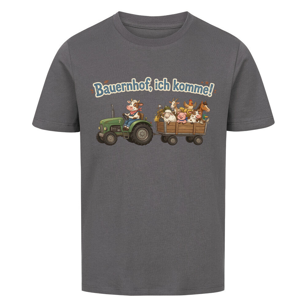 traktor mit bauernhof tiere, bauernhof ich komme motiv auf kinder bio baumwolle t-shirt, shirt farbe ist grau