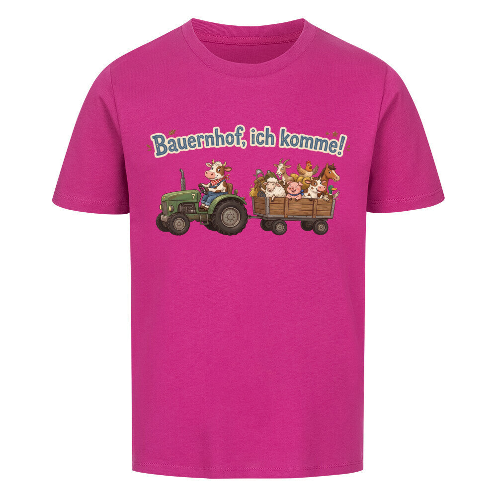 traktor mit bauernhof tiere, bauernhof ich komme motiv auf kinder bio baumwolle t-shirt, shirt farbe ist lila
