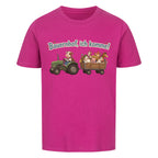 traktor mit bauernhof tiere, bauernhof ich komme motiv auf kinder bio baumwolle t-shirt, shirt farbe ist lila