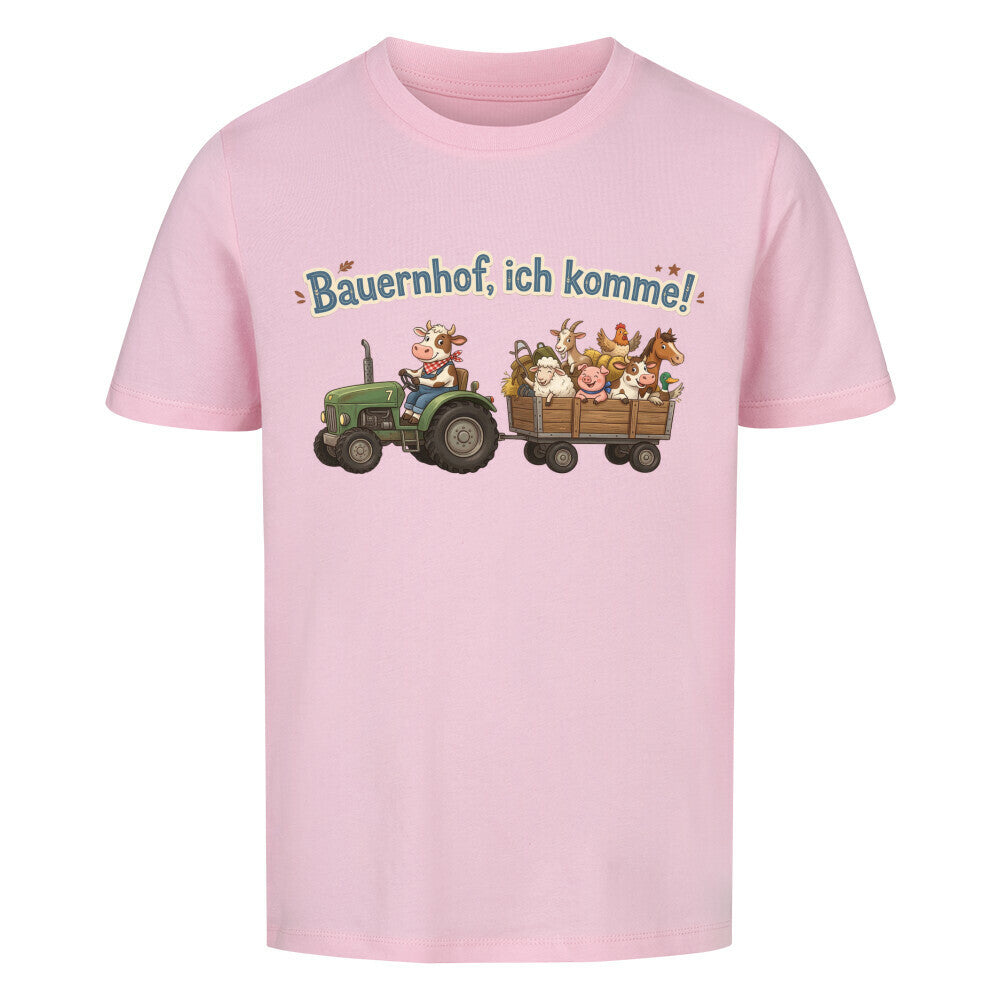 traktor mit bauernhof tiere, bauernhof ich komme motiv auf kinder bio baumwolle t-shirt, shirt farbe ist pink