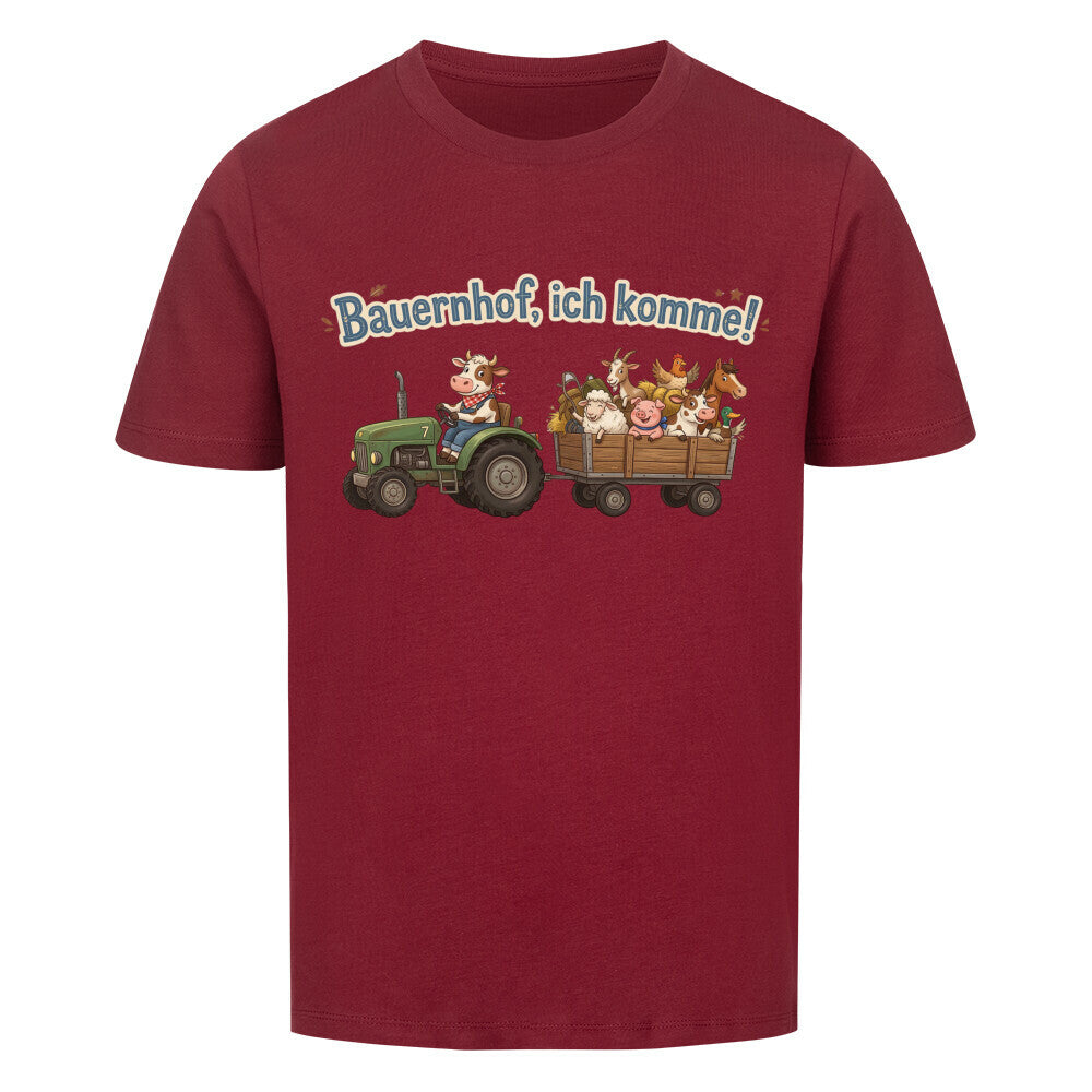 traktor mit bauernhof tiere, bauernhof ich komme motiv auf kinder bio baumwolle t-shirt, shirt farbe ist rot