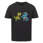 dino t-rex und triceratops motiv auf kinder shirt, bio baumwolle farbe ist schwarz