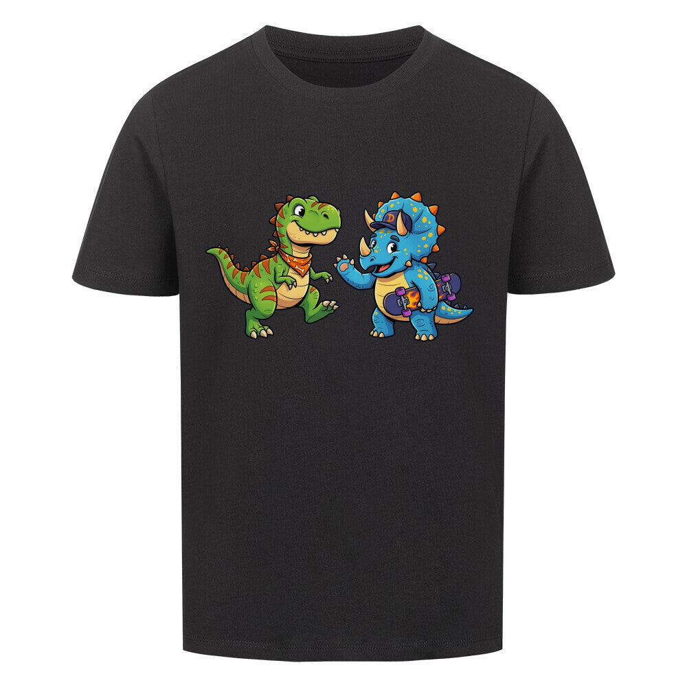 dino t-rex und triceratops motiv auf kinder shirt, bio baumwolle farbe ist schwarz