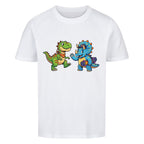 dino t-rex und triceratops motiv auf kinder shirt, bio baumwolle farbe ist weiß