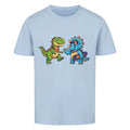 dino t-rex und triceratops motiv auf kinder shirt, bio baumwolle farbe ist hell blau