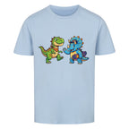 dino t-rex und triceratops motiv auf kinder shirt, bio baumwolle farbe ist hell blau