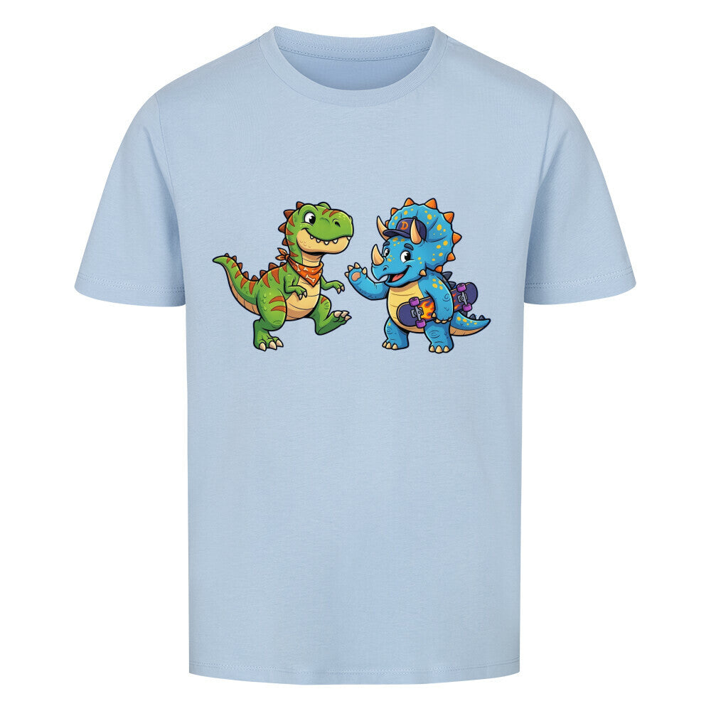 dino t-rex und triceratops motiv auf kinder shirt, bio baumwolle farbe ist hell blau