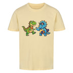 dino t-rex und triceratops motiv auf kinder shirt, bio baumwolle farbe ist beige