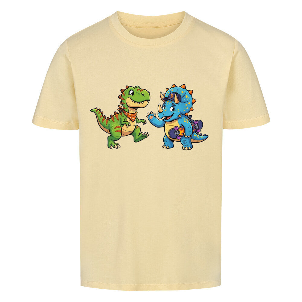dino t-rex und triceratops motiv auf kinder shirt, bio baumwolle farbe ist beige