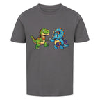 dino t-rex und triceratops motiv auf kinder shirt, bio baumwolle farbe ist grau