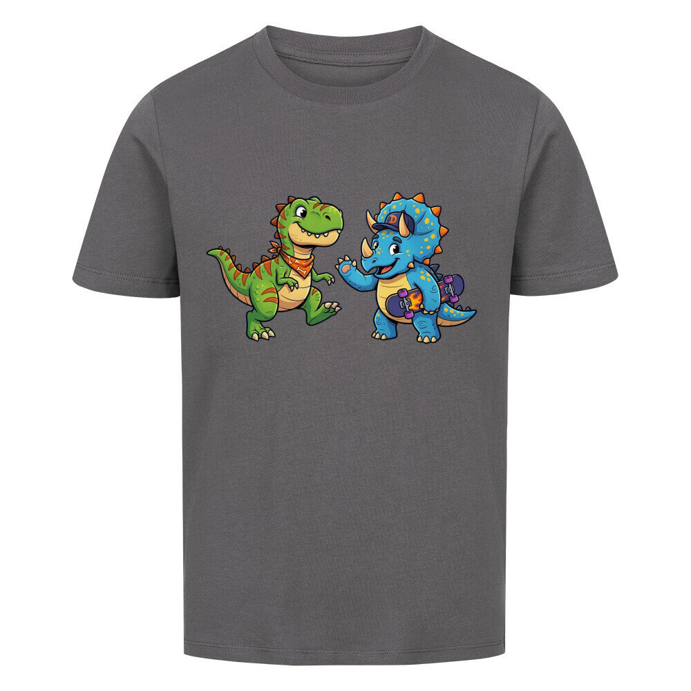 dino t-rex und triceratops motiv auf kinder shirt, bio baumwolle farbe ist grau